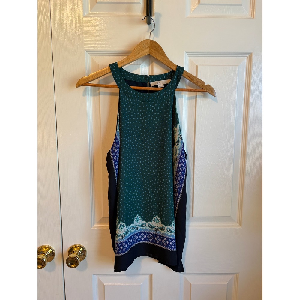 Loft Halter Neck Blouse Green Navy Paisley Scarf Print Sleeveless Top Medium